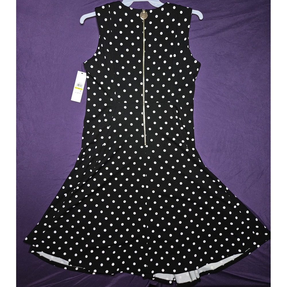 Calvin Klein Black White Polka Dot Sleeveless Fit Flare Dress Gold Zip Size 14
